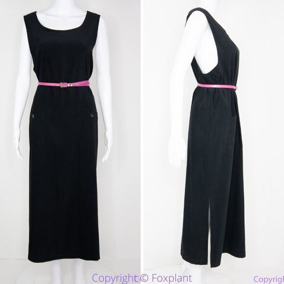 Talbots black sleeveless pockets maxi dress with button detail side slits, PL - Picture 2 of 16